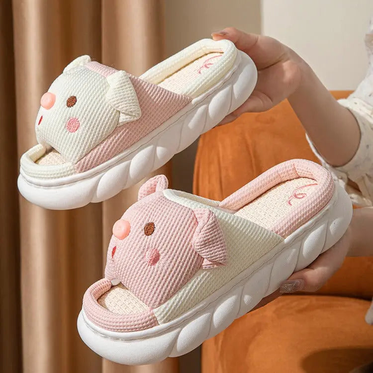 CozzyZoo | Piggy Love Open-Toe Linen Slippers for Couples - Cute Cotton Slippers 🐷💗 Creator Corner