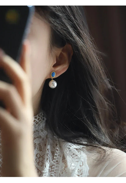 "2024 French Elegant Blue Enamel Pearl Pendant Earrings"
