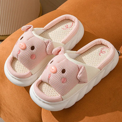 CozzyZoo | Piggy Love Open-Toe Linen Slippers for Couples - Cute Cotton Slippers 🐷💗 Creator Corner