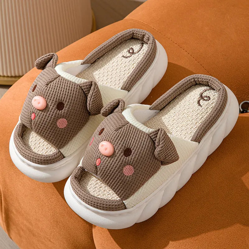 CozzyZoo | Piggy Love Open-Toe Linen Slippers for Couples - Cute Cotton Slippers 🐷💗 Creator Corner