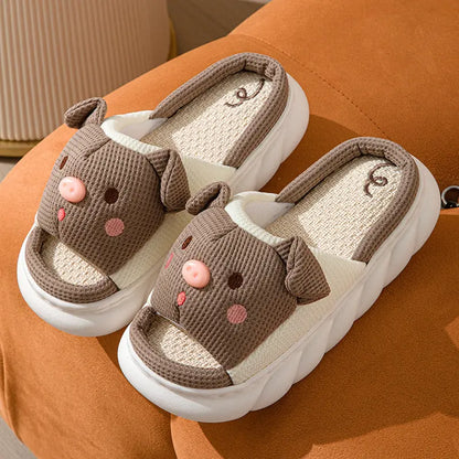 CozzyZoo | Piggy Love Open-Toe Linen Slippers for Couples - Cute Cotton Slippers 🐷💗 Creator Corner