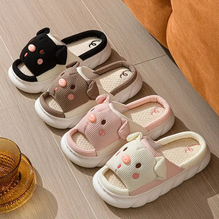 CozzyZoo | Piggy Love Open-Toe Linen Slippers for Couples - Cute Cotton Slippers 🐷💗 Creator Corner